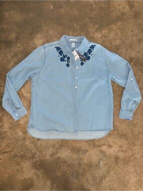 NWT Hasting & Smith Embroidered Chambray Button Up Shirt XL Floral Cotton